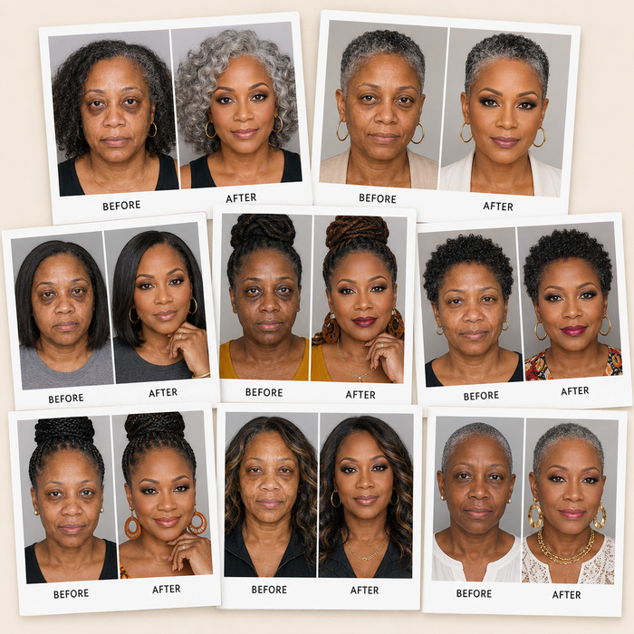 Collage of happy Finones customers with bright, glowing undereyes