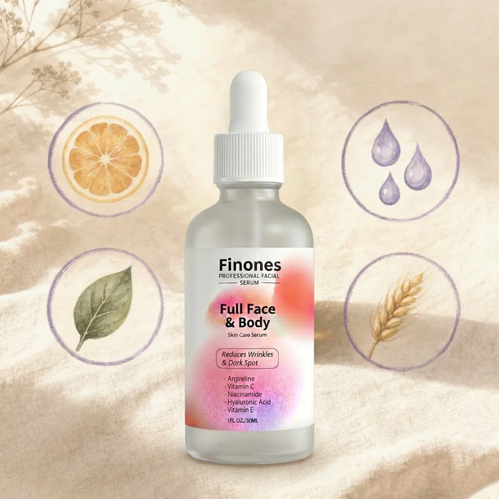 A small amber glass bottle with a clean white label labeled Finones Serum next to small piles of Vitamin C, B3, hyaluronic acid, Vitamin E, and Argireline on a clean white surface