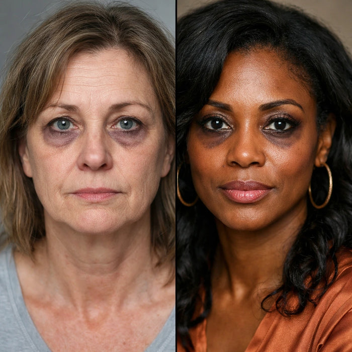 Diagramm, das zeigt, wie dunkle Augenringe bei schwarzer Haut entstehen (überschüssiges Melanin durch Vitaminmangel der Haut)