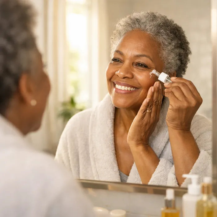 Black woman applying Finones serum in the morning