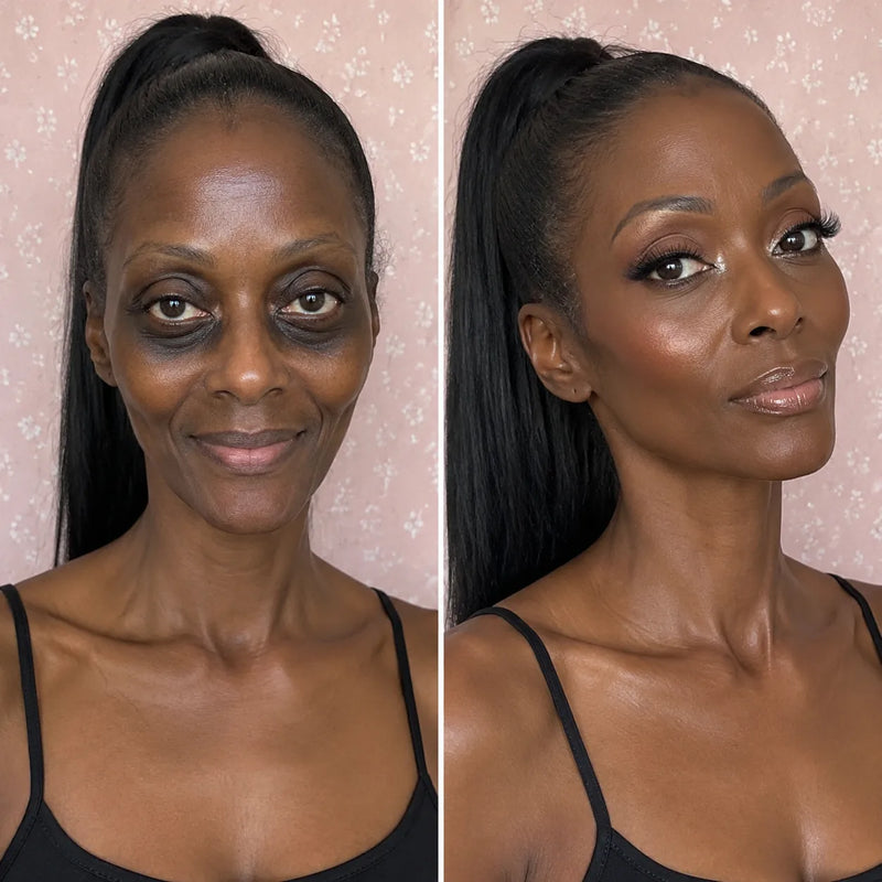 Makeup artist drawing red circles around his client's dark circles
